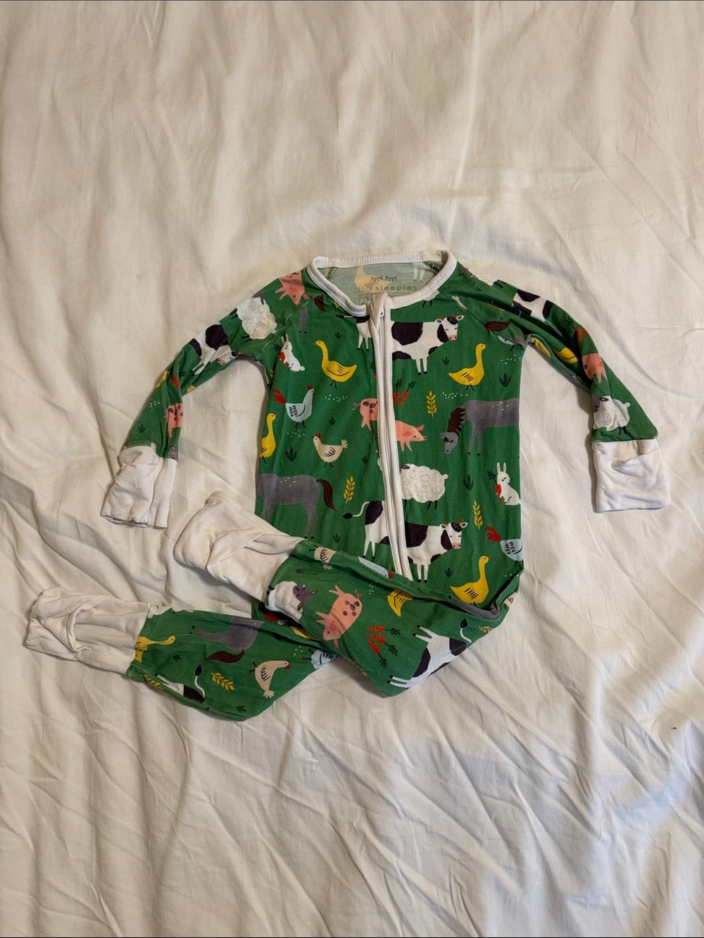 Little Sleepies Green Farm Animal Zip Front One-Piece Footie